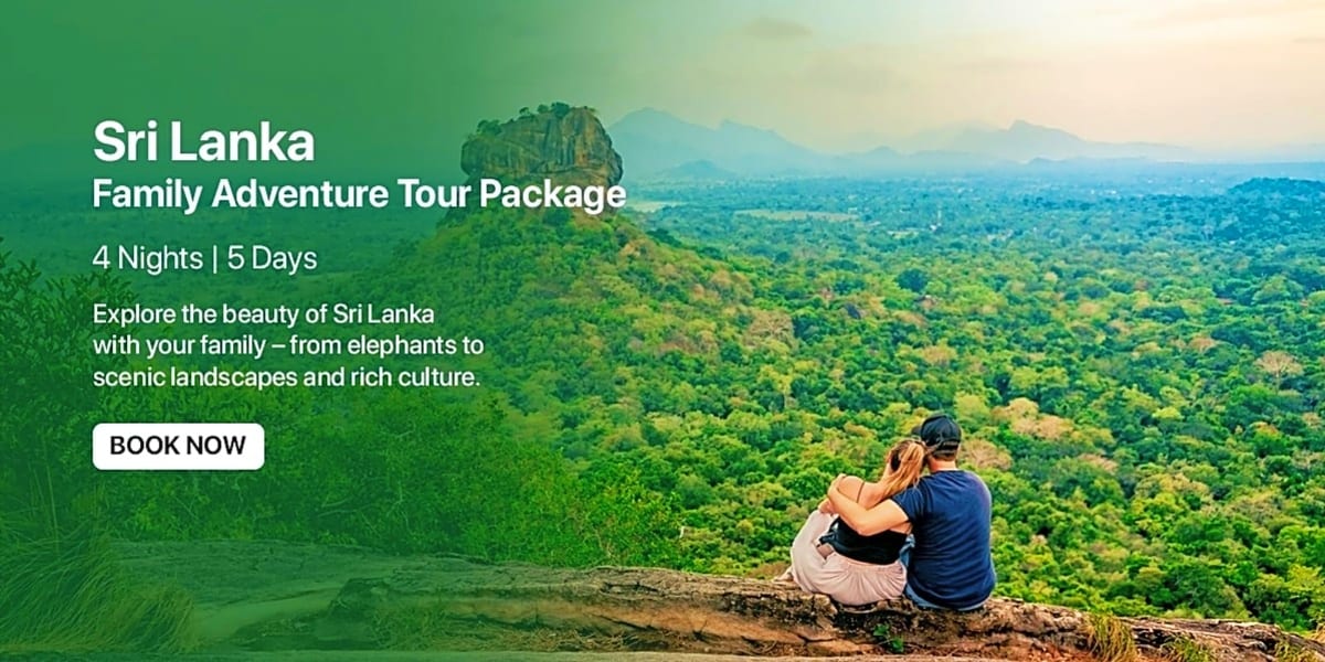 Family overlooking lush green valley and Sigiriya rock fortress in Sri Lanka