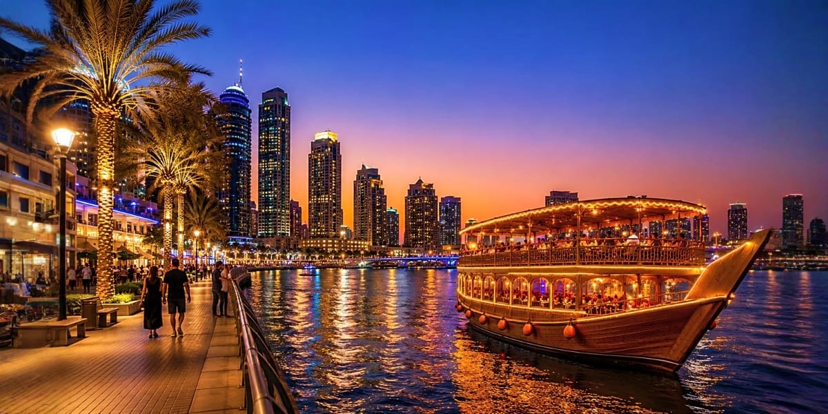 Traditional wooden dhow boat on Dubai Creek at sunset with illuminated skyline and palm trees