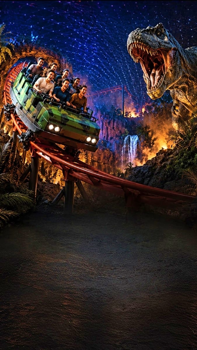 Roller coaster with riders racing past a giant dinosaur head in a prehistoric-themed attraction at IMG Worlds of Adventure th