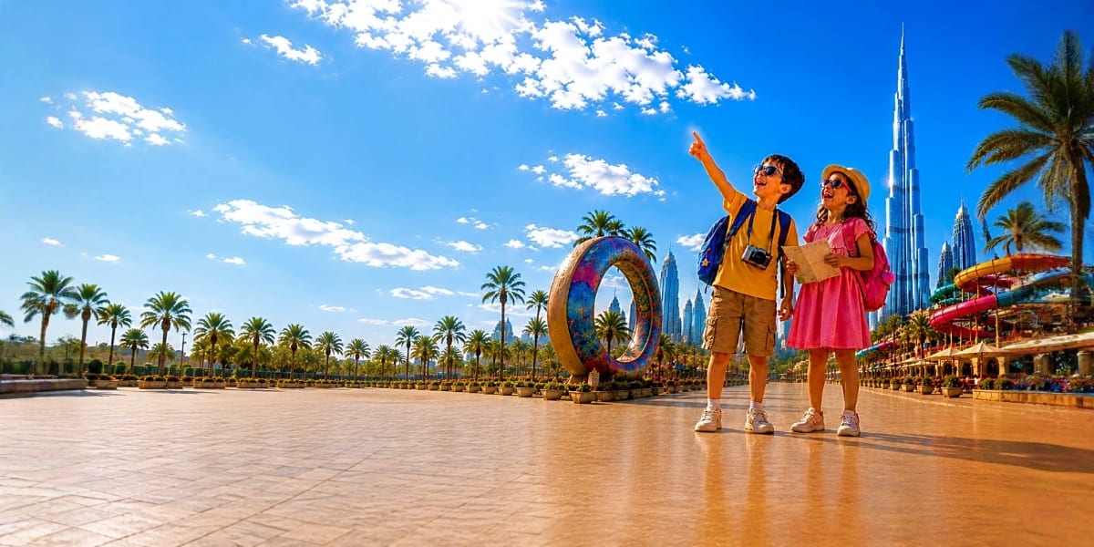 Two children in colorful outfits pointing at Burj Khalifa with palm trees and a large golden ring sculpture in Dubai park