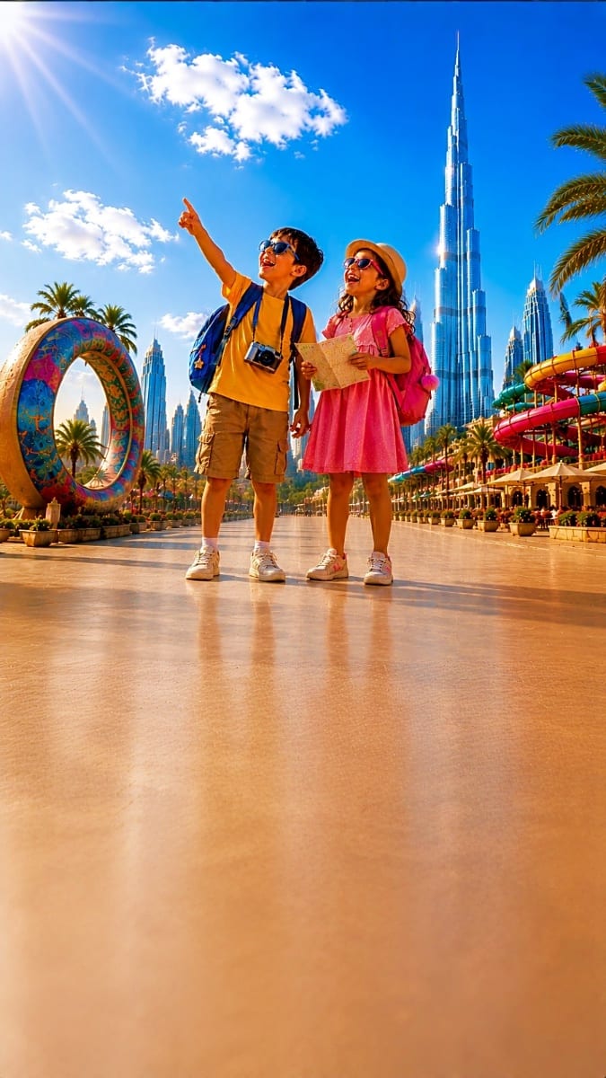 Two children exploring Dubai's downtown skyline with Burj Khalifa, colorful decorative ring sculpture, and palm trees on a su