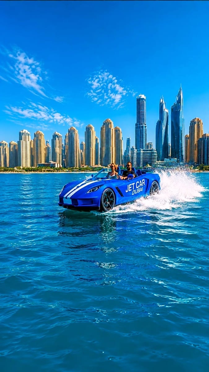 Blue sports car speeding through turquoise water with Dubai Marina skyline in background under clear sky