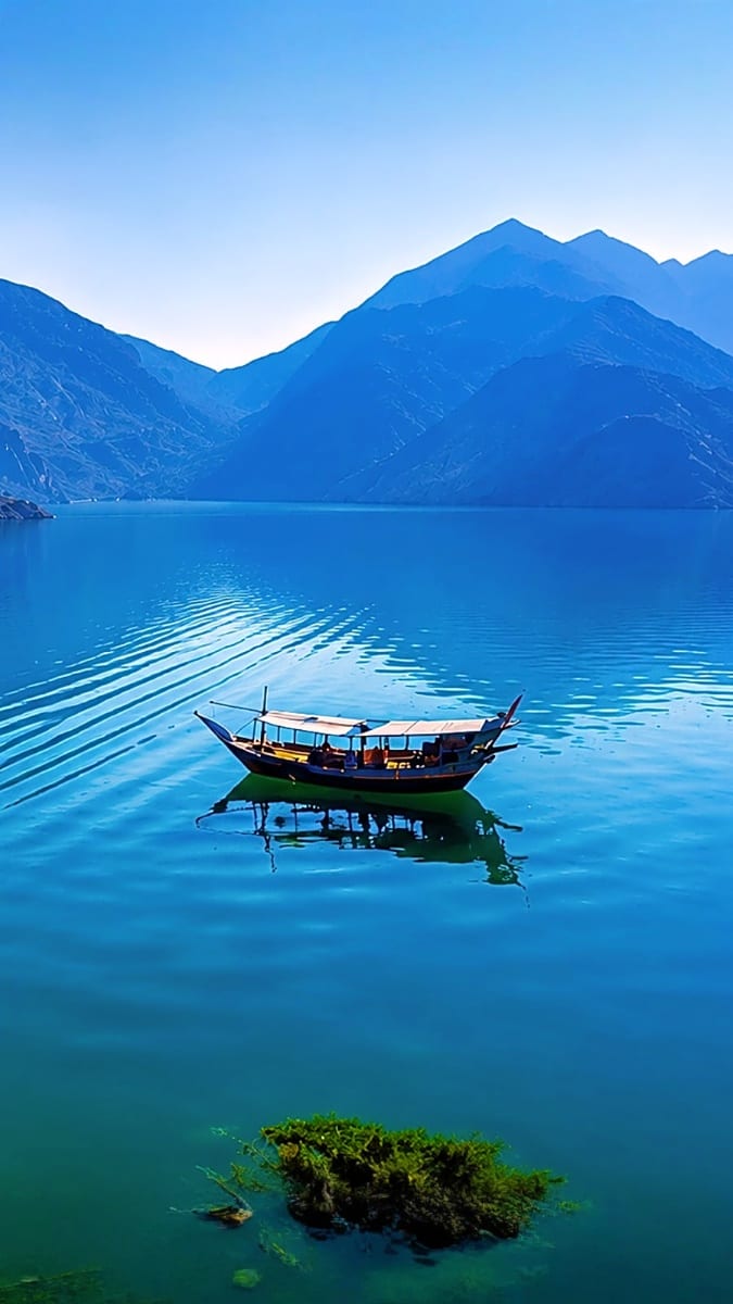 Traditional wooden boat floating on turquoise alpine lake with blue mountains and clear sky in background