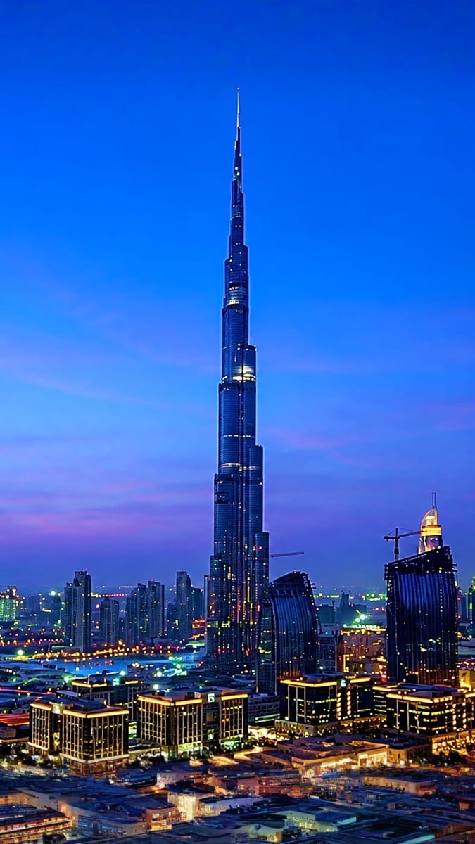 Burj Khalifa illuminated at twilight with Dubai cityscape and illuminated surrounding buildings against blue sky