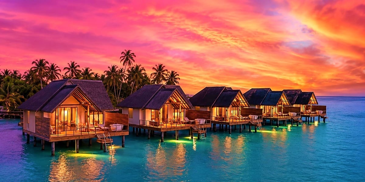 Overwater bungalows with thatched roofs illuminated at sunset in the Maldives, with palm trees and turquoise lagoon water