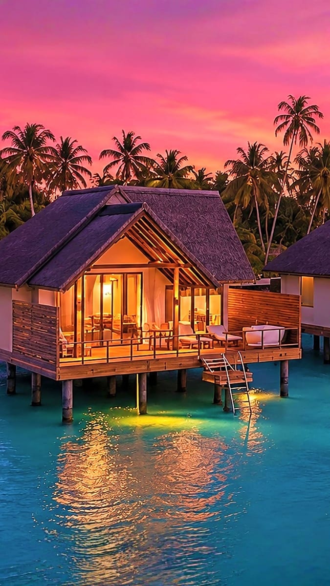 Illuminated overwater bungalow at sunset with palm trees and turquoise lagoon in the Maldives