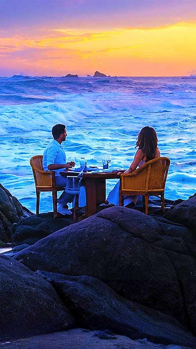 Couple dining at a table on rocky beach at sunset with blue ocean waves and distant islands in Sri Lanka