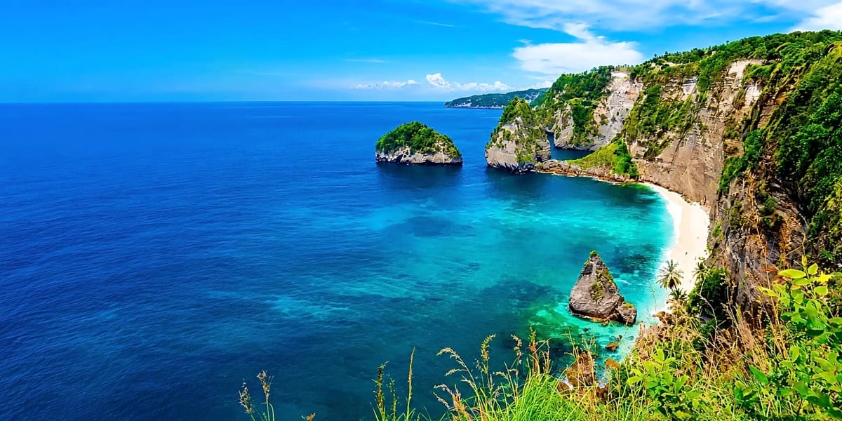 Aerial view of Kelingking Beach in Nusa Penida with turquoise waters, white sand, and dramatic limestone cliffs covered in gr