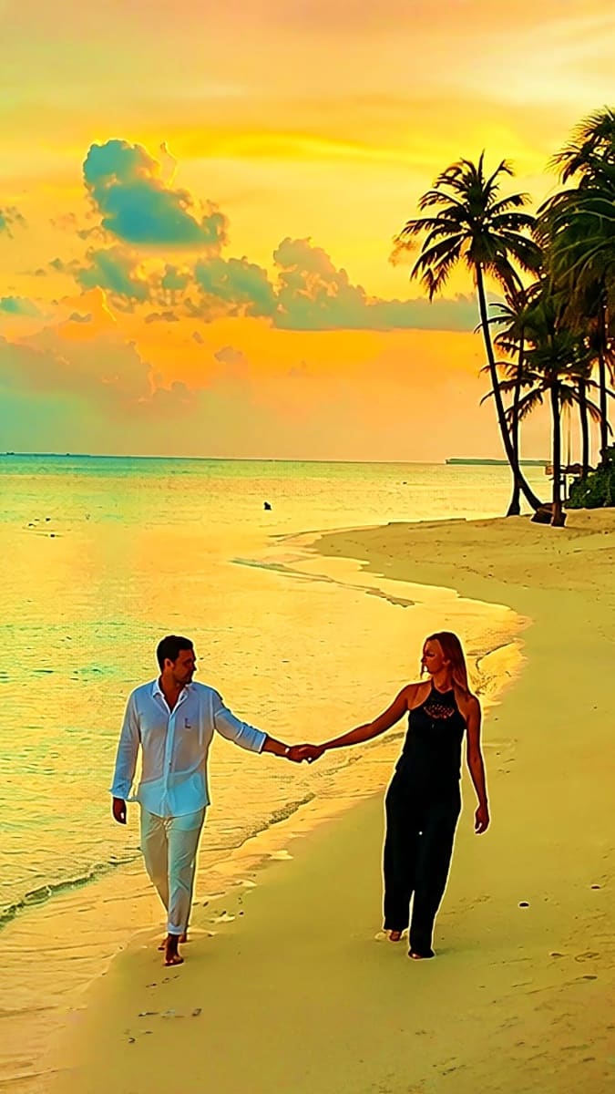 Couple holding hands walking on tropical beach at sunset with palm trees and golden sky in Malaysia