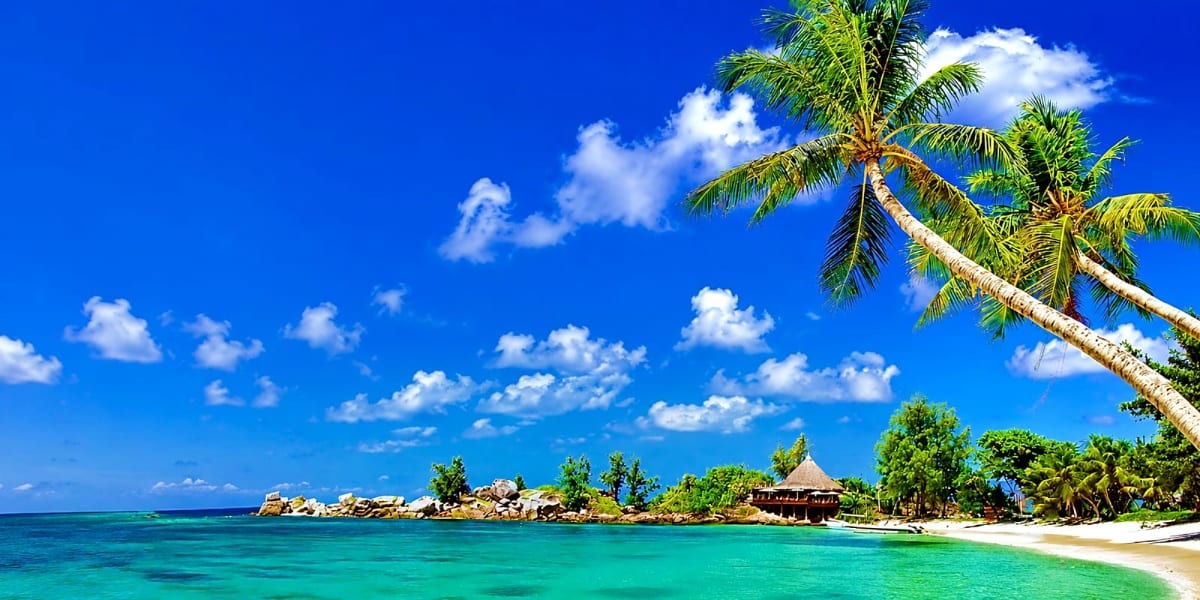 Tropical beach in Port Blair, Andaman Islands with turquoise water, palm trees, white sand, and thatched-roof structures alon