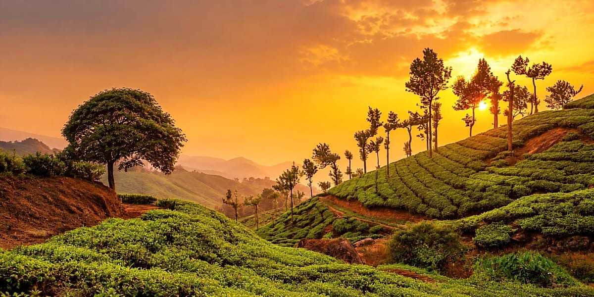 Golden sunset over lush green tea plantations in Munnar with tall shade trees and rolling hillside landscape