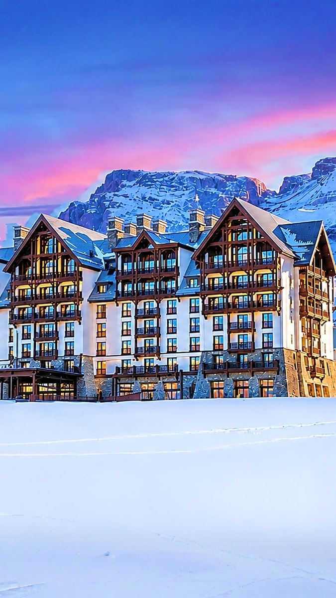 Luxury alpine resort hotel with illuminated windows at sunset, snow-covered mountains in background under purple and pink sky