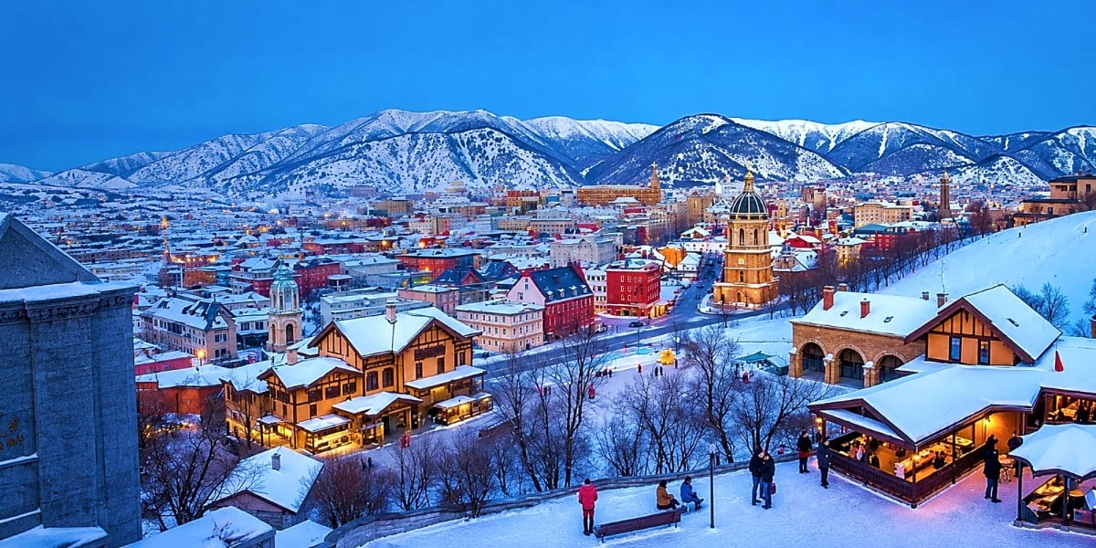 Snow-covered Tbilisi cityscape with snow-capped Caucasus Mountains, Orthodox cathedral, and historic buildings at dusk