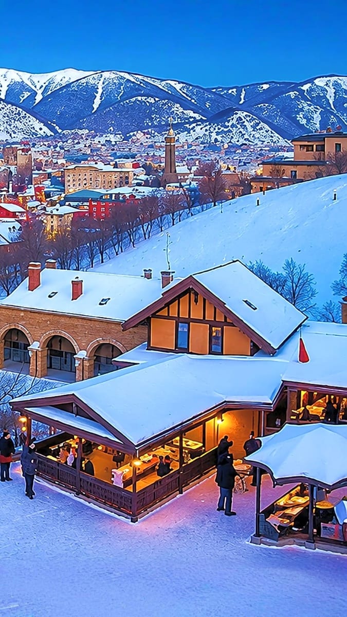 Snow-covered winter market in Tbilisi with illuminated vendor stalls, snow-capped Caucasus Mountains and city skyline in back