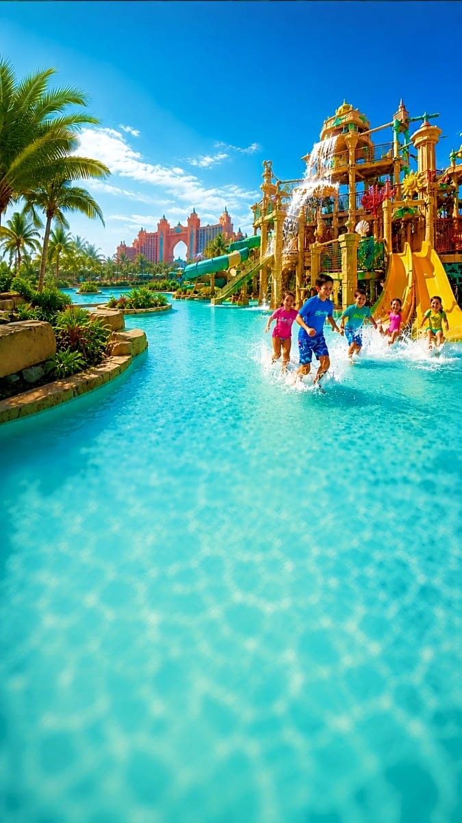 Children playing in turquoise water at Atlantis Aquaventure waterpark with yellow slide tower and Atlantis The Palm hotel in 