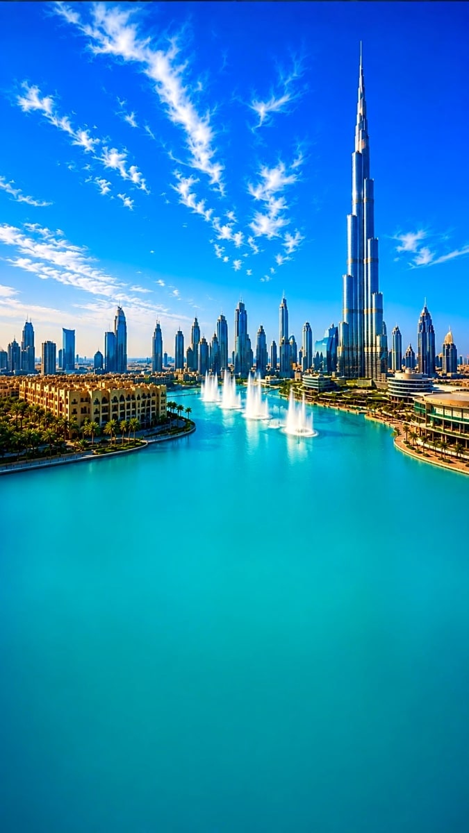 Burj Khalifa towers over Dubai's turquoise fountain and skyline under clear blue sky