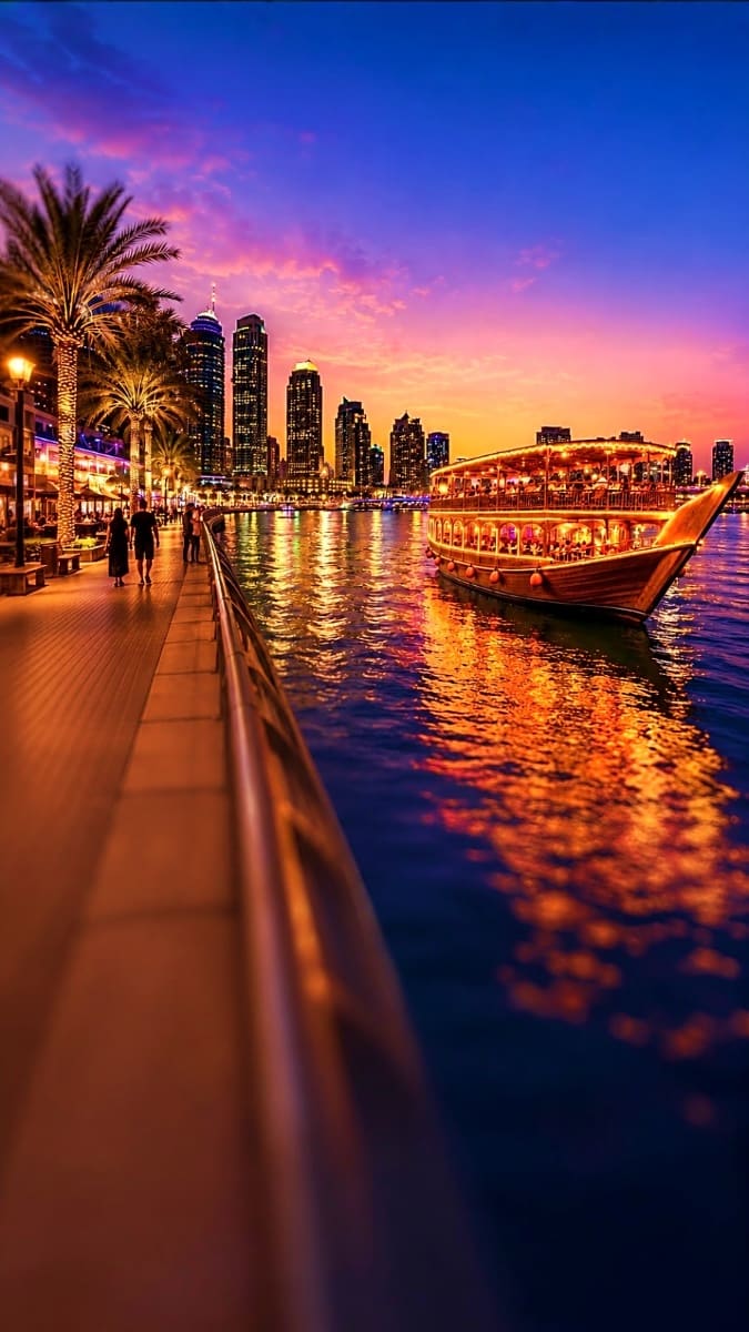 Traditional wooden dhow boat on Dubai marina at sunset with illuminated skyscrapers and waterfront promenade