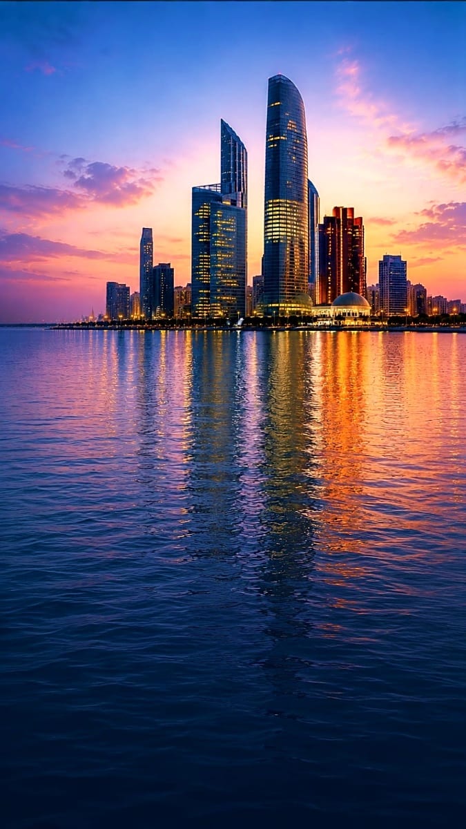 Abu Dhabi skyline at sunset with illuminated skyscrapers reflected in calm waterfront
