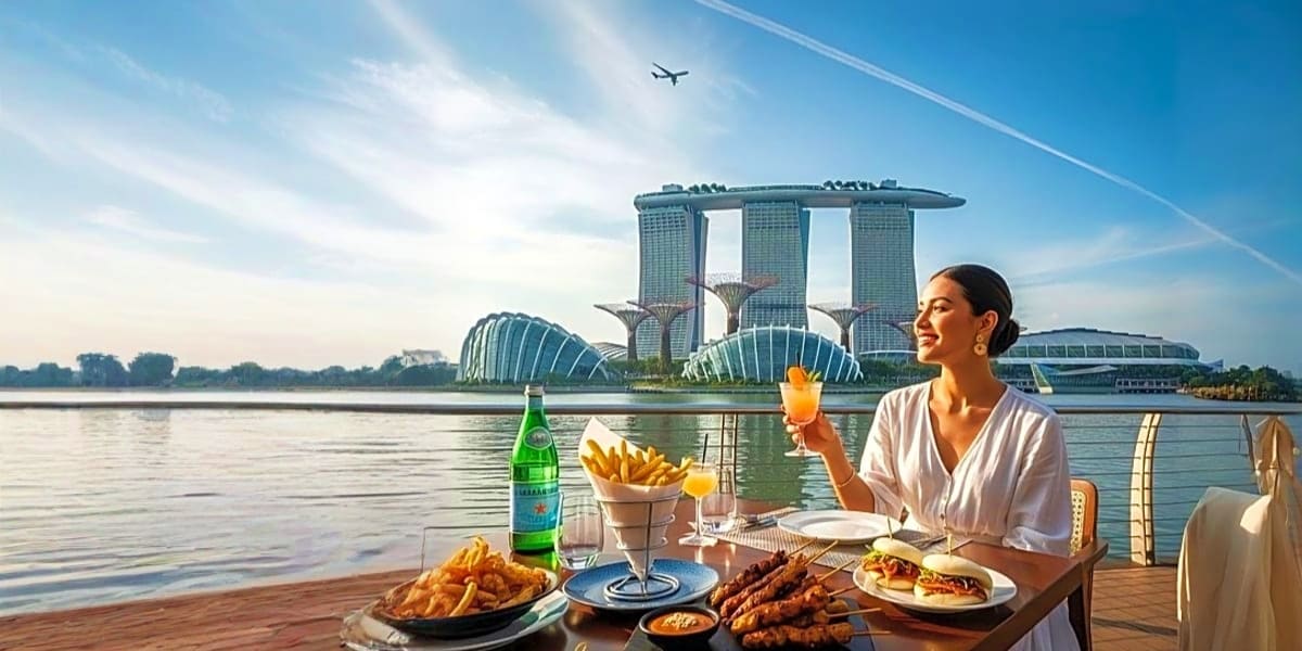 Woman dining waterfront with Marina Bay Sands hotel in background, Singapore skyline view
