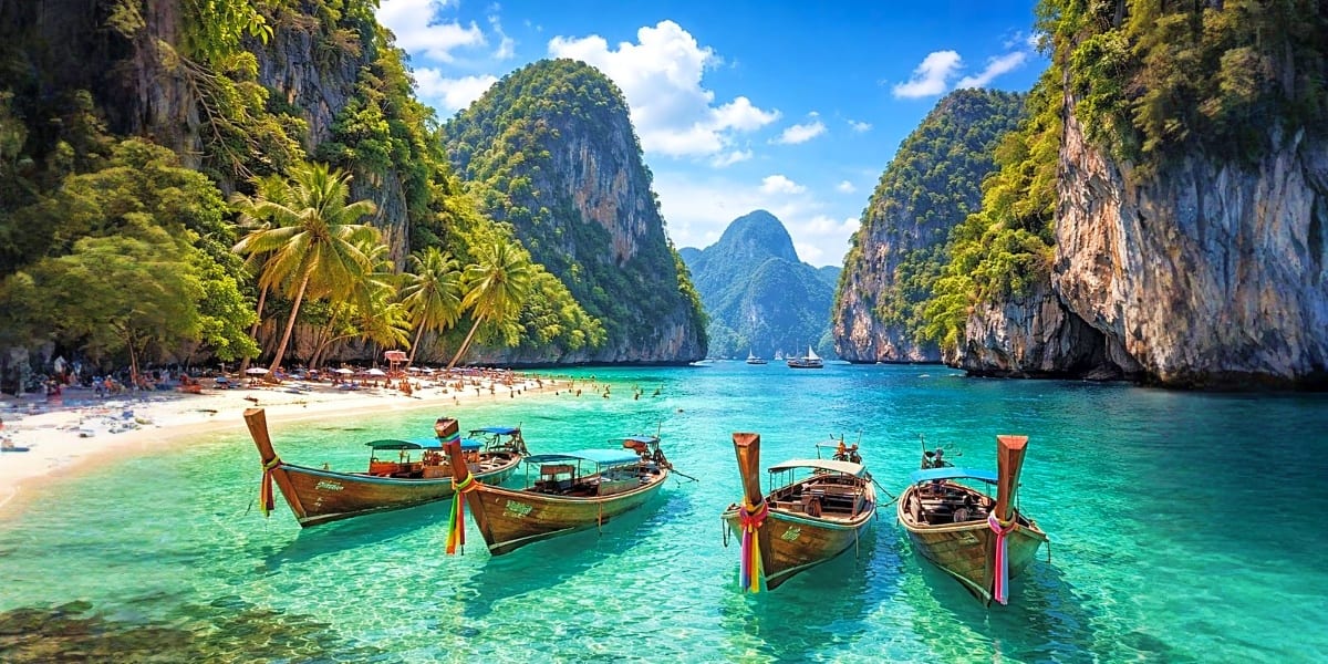 Traditional wooden longtail boats in turquoise water surrounded by dramatic limestone cliffs in tropical bay, Maya Bay Thaila