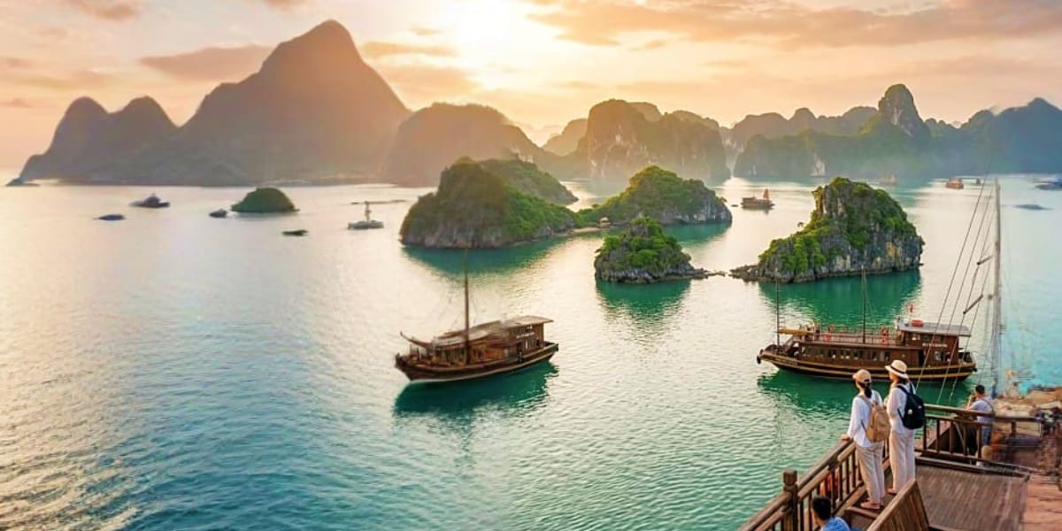 Traditional wooden boats anchored in turquoise waters surrounded by limestone karsts at Halong Bay, Vietnam at sunset