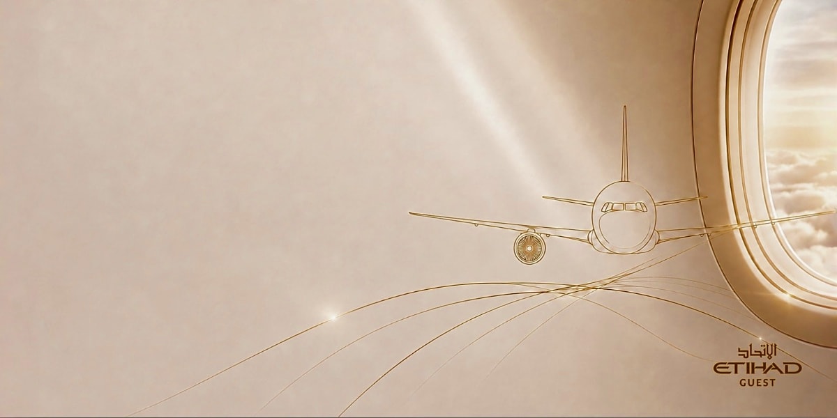 Minimalist line drawing of an aircraft with airplane window view and curved design elements on beige background with Etihad G