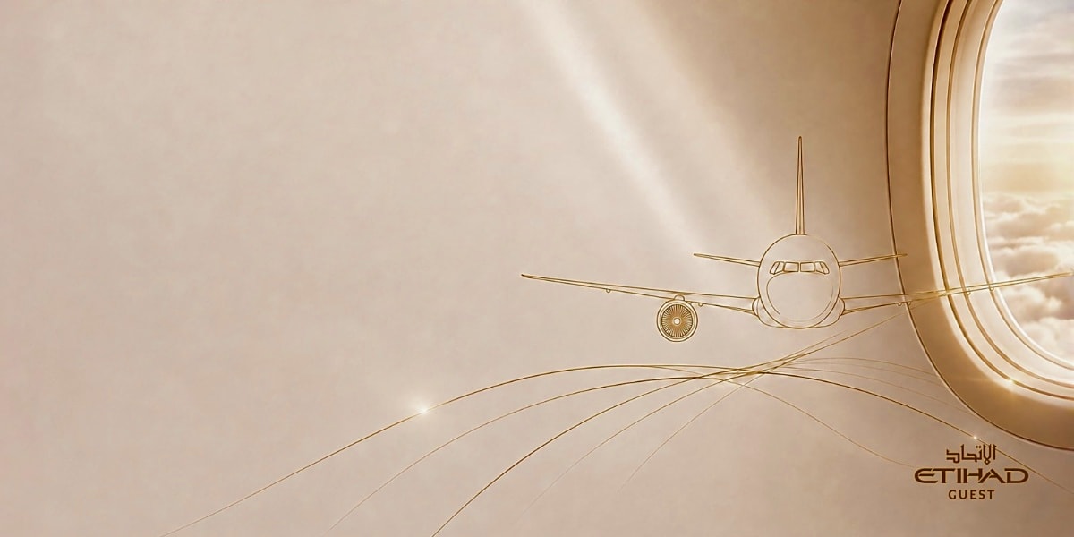 Minimalist line drawing of commercial aircraft and jet engine against beige background with window view, Etihad Guest brandin