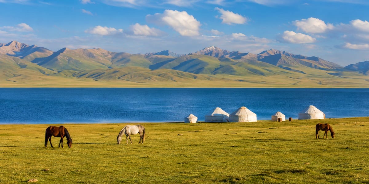 Horses grazing on grassland with traditional yurts and mountains along a blue lake in Kyrgyzstan