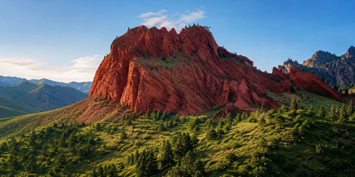 Red rock mountain formation rising above green forested valleys under blue sky in Kyrgyzstan