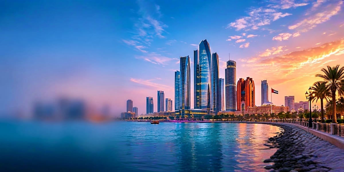 Abu Dhabi skyline at sunset with illuminated skyscrapers, waterfront promenade, and palm trees along the Persian Gulf