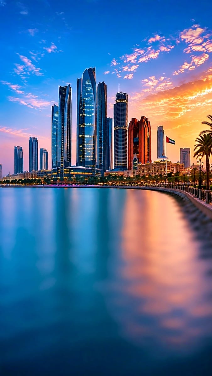 Abu Dhabi waterfront skyline at sunset with illuminated skyscrapers reflected in calm water and palm trees along the promenad
