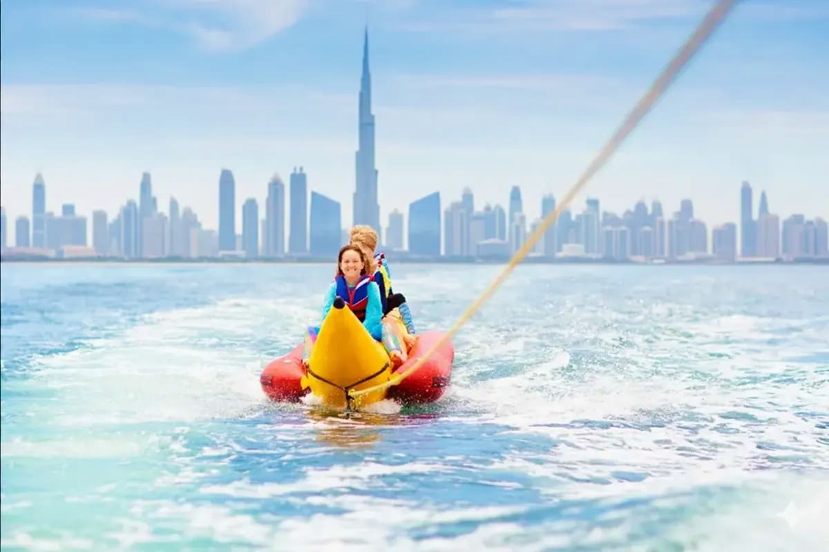 Banana Boat Ride in Dubai 15 Min Person riding a red and yellow banana boat on water with Dubai skyline and Burj Khalifa in background