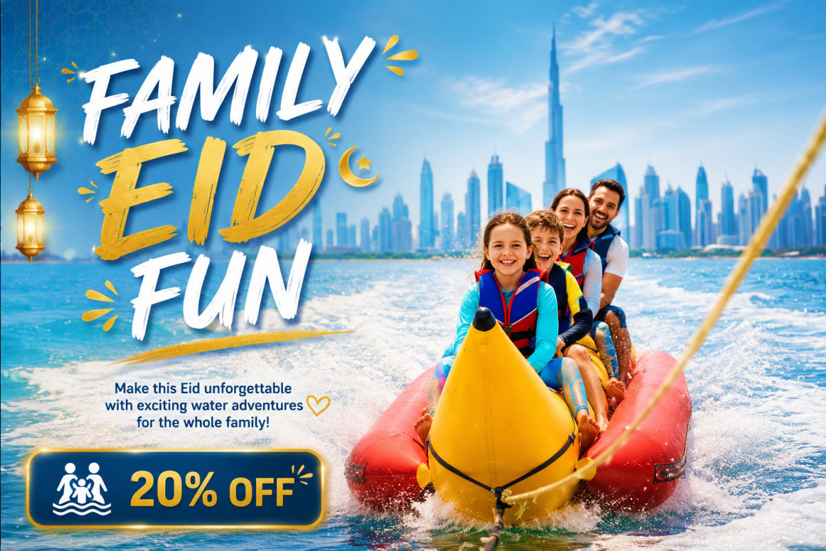 Banana Boat Ride in Dubai 15 Min Family riding a yellow and red banana boat in Dubai with Burj Khalifa skyline in background during water activity.