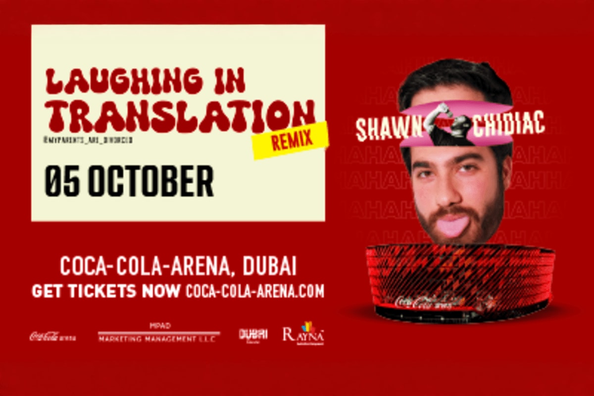 Shawn Chidiac Laughing in Translation Remix concert poster for October 5 at Coca-Cola Arena Dubai with artist portrait and ev