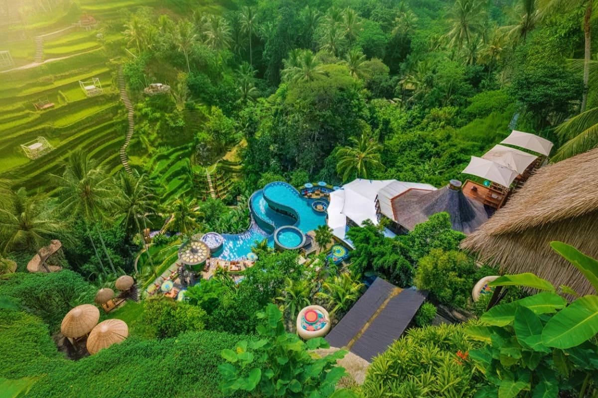 Aerial view of tropical resort surrounded by lush green rice terraces and jungle with blue water slides and pools nestled in