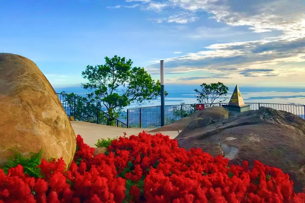 Red flowers blooming at Sun World Ba Den mountaintop viewpoint overlooking blue water and coastal landscape with stone marker