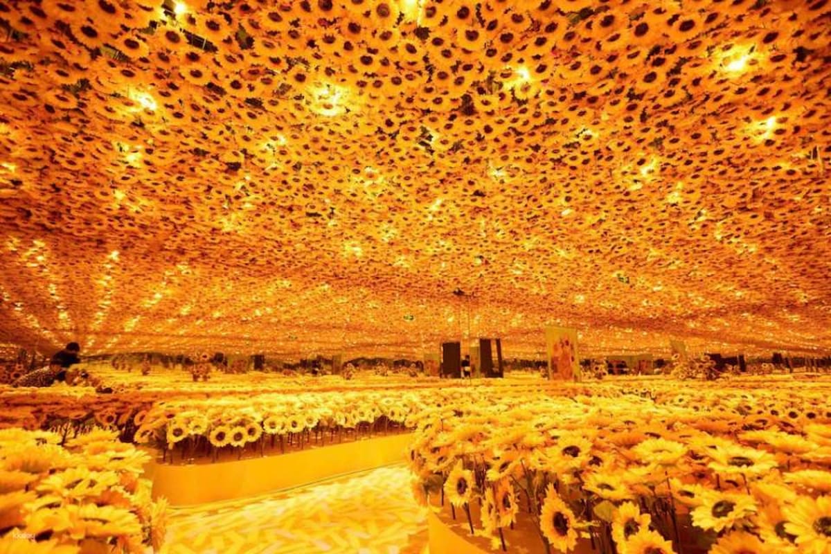 Metashow Exhibition Vast golden sunflower field with illuminated ceiling installation and water reflection at Metashow Exhibition