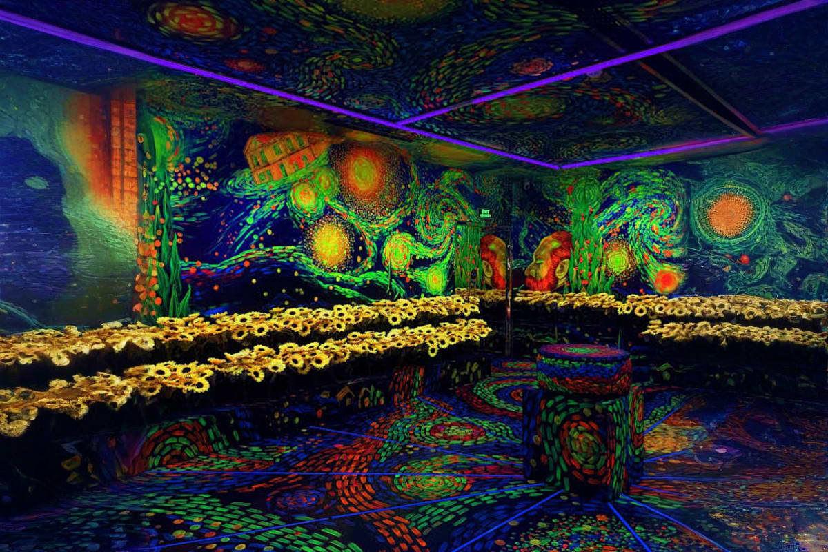 Metashow Exhibition Immersive digital art exhibition with Van Gogh-inspired projections of starry night and sunflowers on walls and ceiling with