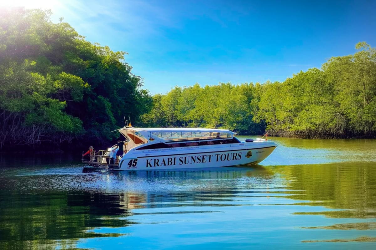 Krabi Sunset Tours speedboat anchored in turquoise water surrounded by dense green mangrove forests under clear blue sky