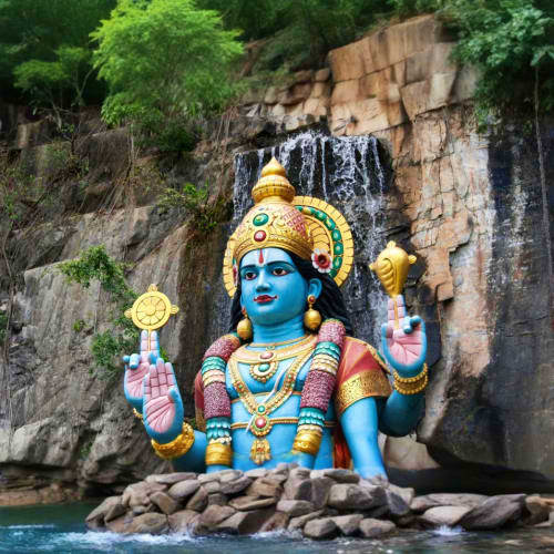 Colorful Hindu deity statue with blue skin and golden ornaments carved into rocky cliff face near water at Batu Caves