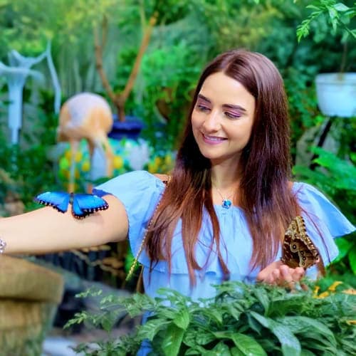 Woman holding blue morpho and brown butterflies in a lush green garden with plants and flowers