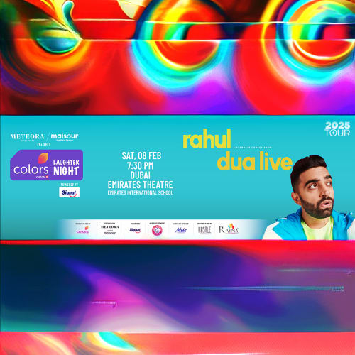 Colors Laughter Night ft Rahul Dua Rahul Dua live comedy tour promotional poster for Colors Laughter Night at Emirates Theatre Dubai on February 8, 2025