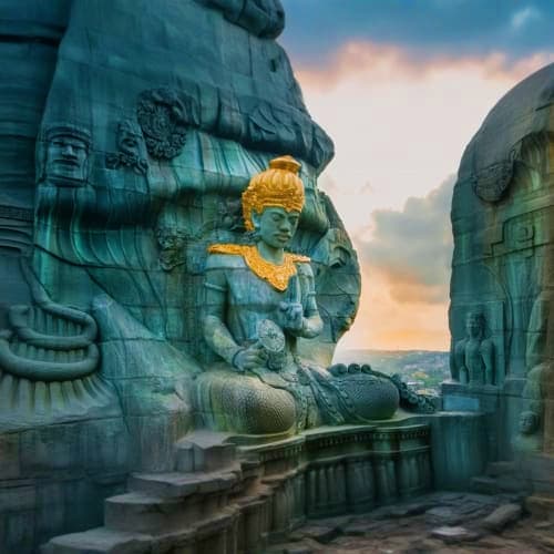 Ancient stone carved deity statue with golden headdress at Garuda Wisnu Kencana monument in Bali, Indonesia