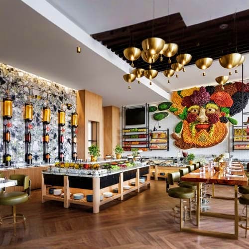 Gastronomy at Atlantis The Royale Modern gastronomy restaurant interior in Dubai with gold pendant lights, wine display wall, fruit artwork, and contemporary d