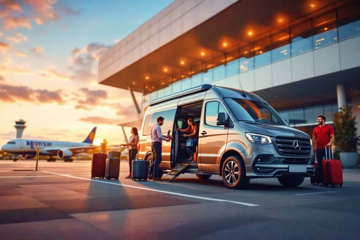 Kuala Lumpur to Cameron Highlands Intercity Transfer Mercedes van with passengers and luggage at airport terminal during sunset, with commercial aircraft visible in background