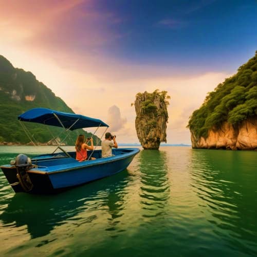 Blue boat with tourists near iconic limestone rock formation in emerald waters, Phang Nga Bay, Thailand