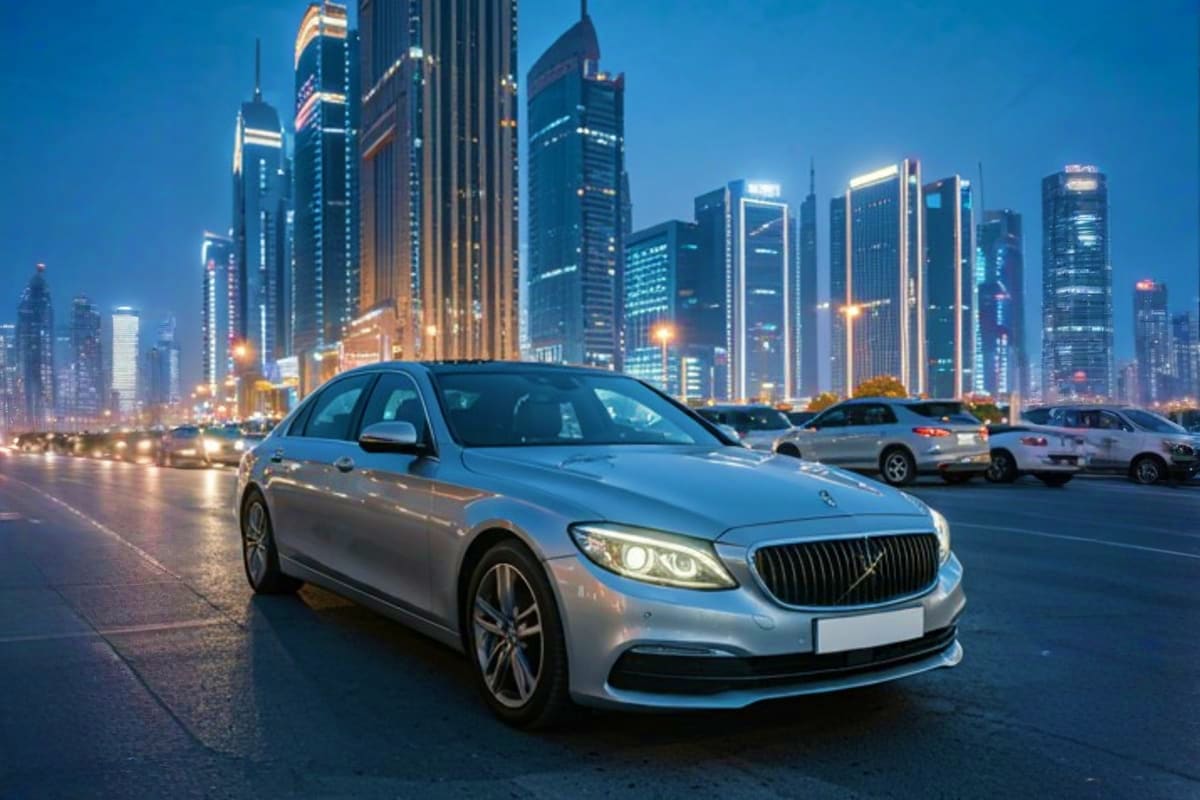 Silver luxury sedan parked in lot with illuminated modern city skyline at dusk