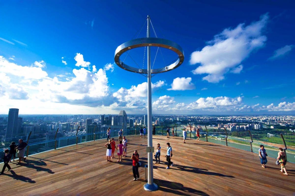 Visitors on the observation deck at Marina Bay Sands Sky Park with panoramic views of Singapore's cityscape and waterways und