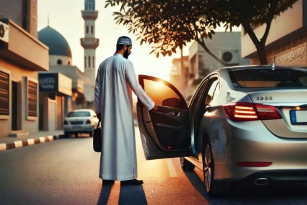 Man in traditional thobe opening car door in Middle Eastern street with mosque minaret in background at sunset