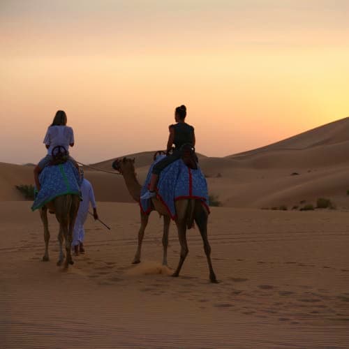 Two people riding camels across sand dunes at sunrise in the desert